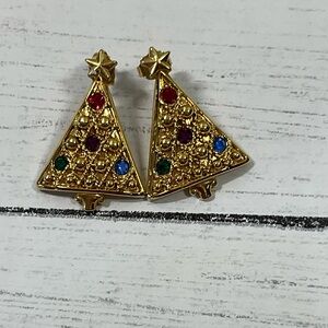 Vintage Avon 1992 Rhinestone Christmas Tree Earrings Gold Toned -post Pierced